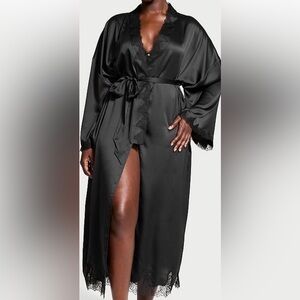 Victoria's Secret Black Satin Lace-Trim Wrap Robe